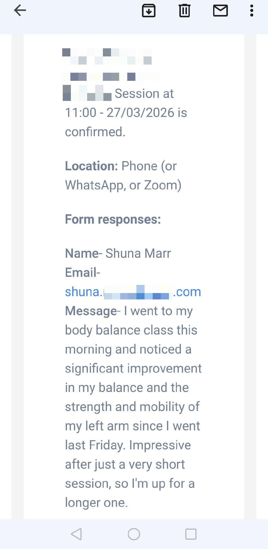 Message from Shuna Marr the morning after her free 15-minute session